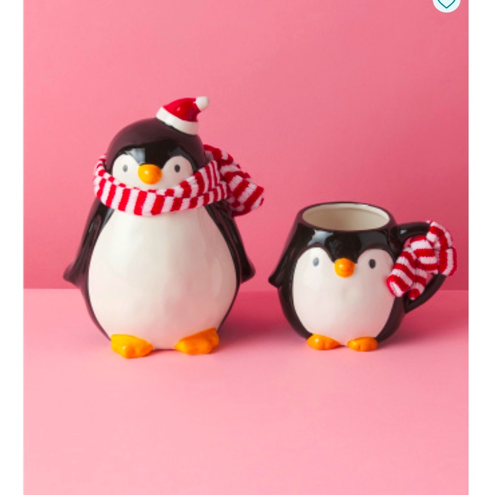 Magenta Penguin Canister and Mugs Set